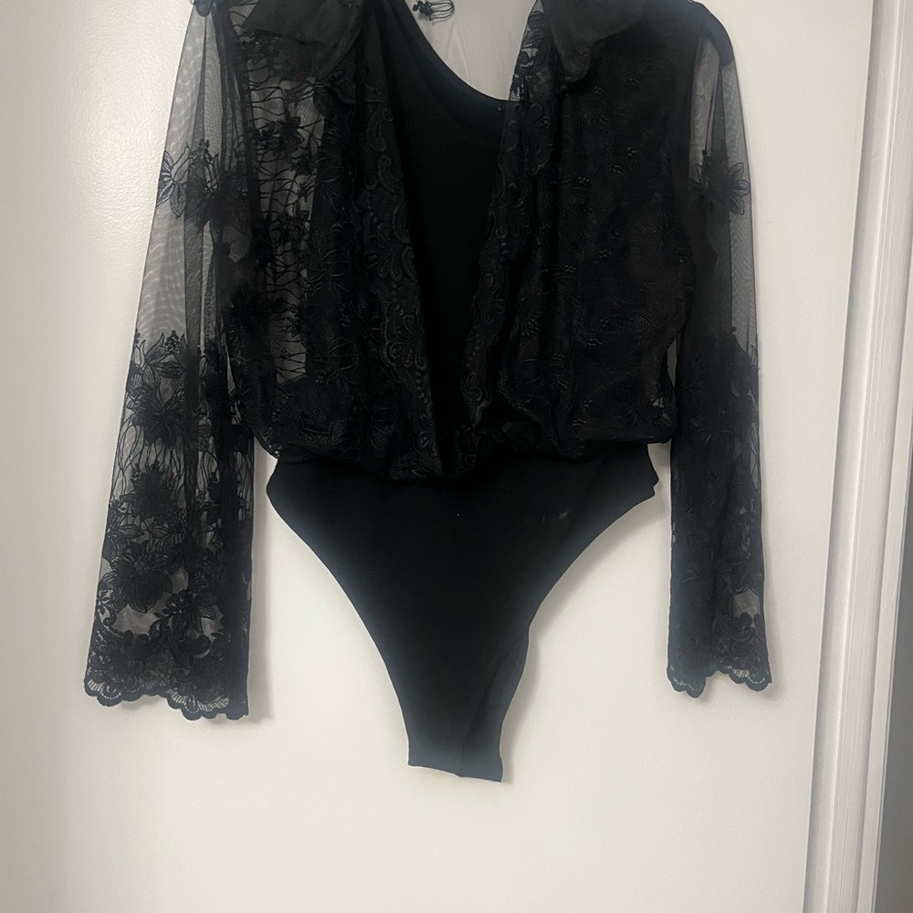 SAM Black Asymmetrical Sheer Bell Sleeve Bodysuit